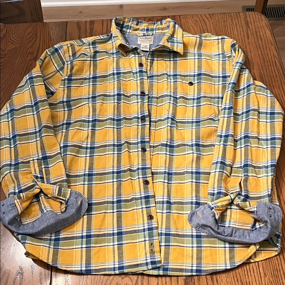 L.L. Bean Yellow and Blue Plaid Flannel Men's Shirt